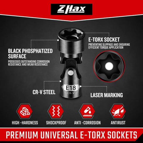 15-Piece E-Torx Swivel Socket Set With 1/4 In And 3/8 In Drives, Universal Joint, External Star Sockets E4 To E24, Built Tough From CR-V Steel, Includes 2 Adapters For Quick, Flexible Auto And Bike Projects. E18 CR-V swivel socket