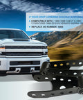 Beefy 2 To 3 Inches Rear Suspension Drop Shackle Kit For Leaf Springs, shown in front of Chevy Silverado truck