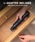Professional Cordless Electric Screwdriver Kit Packing Serious Torque Punch And Precision Controls, in use with L-adapter in a drawer.