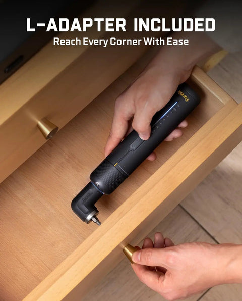 Professional Cordless Electric Screwdriver Kit Packing Serious Torque Punch And Precision Controls, in use with L-adapter in a drawer.