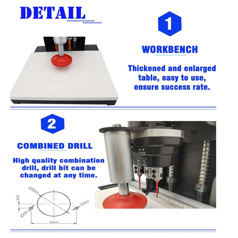 BEILOCKERY hinge drilling and boring machine, 110V 1100W, front view on white worktable with red base.