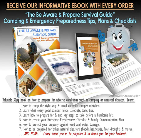 Ebook titled 'The Be Aware & Prepare Survival Guide' with tips for camping and emergency preparedness shown with digital device.