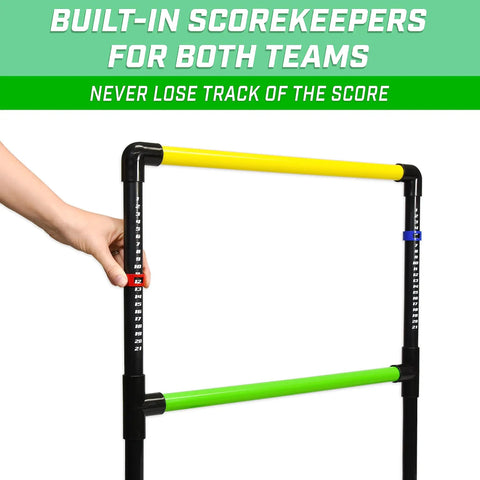 Ladder Toss Game Set With Two Durable Targets, score trackers visible, focus on scorekeeper detail for backyard fun