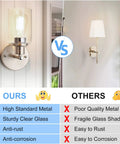 Comparison of Set Of 2 Modern Brushed Nickel Wall Sconces with clear glass shade and a different lamp style showing quality features