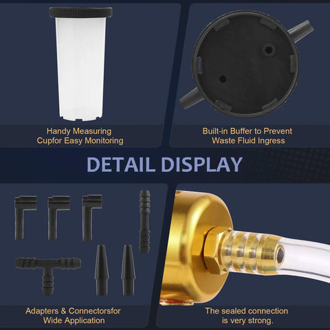 Handheld Brake Bleeder Kit With Vacuum Pump And Pressure Gauge For Cars Motorcycles ATVs Includes Hoses Adapters Reservoir close-up of cup and fittings