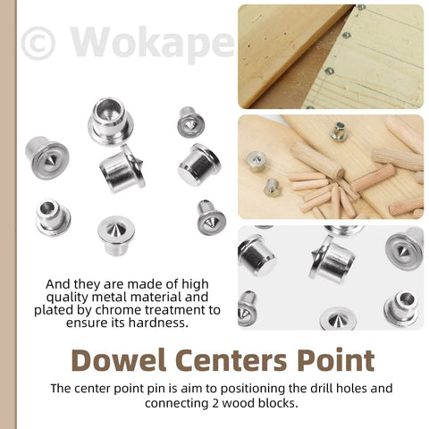 508 Piece Wooden Dowel Pin Set With Center Points In Four Sizes One Quarter Inch, Five Sixteenth Inch, Three Eighth Inch And One Half Inch Beveled Ends Solid And Hollow Dowel Pins For Furniture Repair And DIY Projects displayed with metal center points for precise alignment in woodworking.