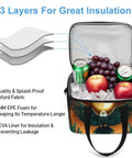 Sun And Desert Insulated Cooler Bag Lunch Tote showing interior with drinks, fruits, ice, and detailed layer design for insulation.