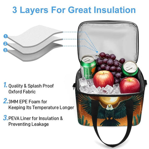 Sun And Desert Insulated Cooler Bag Lunch Tote showing interior with drinks, fruits, ice, and detailed layer design for insulation.