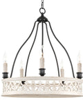 Five Light Open French Country Chandelier With 25 Inch Reach In Antique White And Black Finish Lightly Distressed Rustic Farmhouse Vibe Pendant Fixture With Curved Arms And Drip Style Candelabra Sockets For Dining Room Or Living Space image showing the side view of the chandelier with detailed pattern.