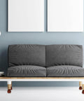 4 Piece Modern Wood Furniture Legs For Cabinets And Dressers, Easy Install Bun Feet, Sturdy Oak Brown Finish under a gray sofa