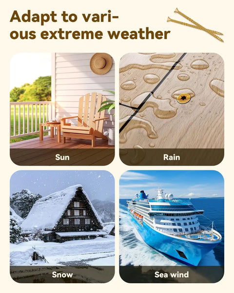 100 Count 10x5 Deck Screws For Exterior Wood Tan Color Rust Resistant Epoxy Coated, adapting to sun, rain, snow, and sea wind.