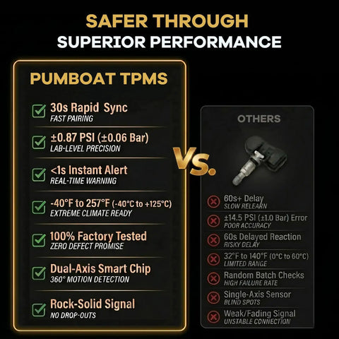Four Pack 433MHz Tire Pressure Sensor Kit For GM Rigs, Trucks And SUVs Silverado Traverse Malibu Camaro Suburban Tahoe Blazer Cruze, Easy Install, Accurate TPMS Monitoring, No Tool Needed. comparison chart for TPMS sensor performance