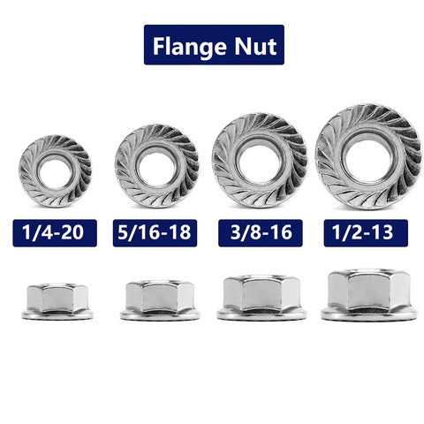 1/4-20 Serrated Flange Hex Lock Nuts 100 Pack 304 Stainless Steel Full Thread Bulletproof Fasteners displayed in sizes.