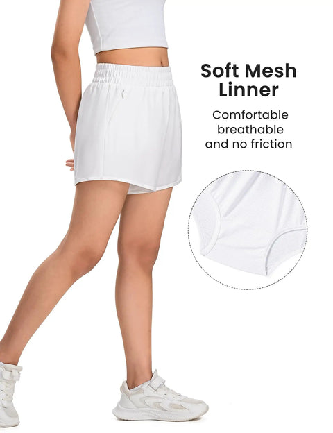 Girls Quick Dry Athletic Shorts With Liner For Running, Soccer, And Volleyball, Lightweight Breathable Fabric, Zip Pockets, Soft Mesh Liner, 11-12 Years, White