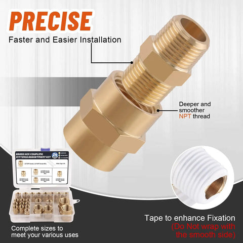 Brass Pipe Fittings Kit 24 Pieces NPT Female Hex Couplings Set displayed with packaging and close-up of pipe connector and thread tape.