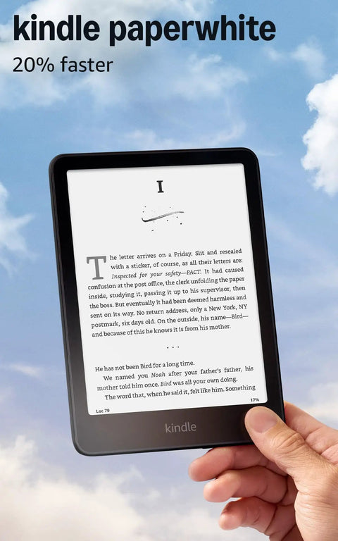 Next Level Kindle Paperwhite E Reader With 16 GB Storage Built Different For Marathon Reading Featuring A Crisp Seven Inch Glare Free Display With Buttery Smooth Page Turns And Insane Weekly Battery Life In Sleek Black showing text on screen.
