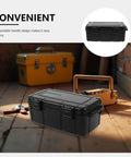 Portable waterproof hard plastic tool box with explosion proof and reinforced lock clasps on wooden floor