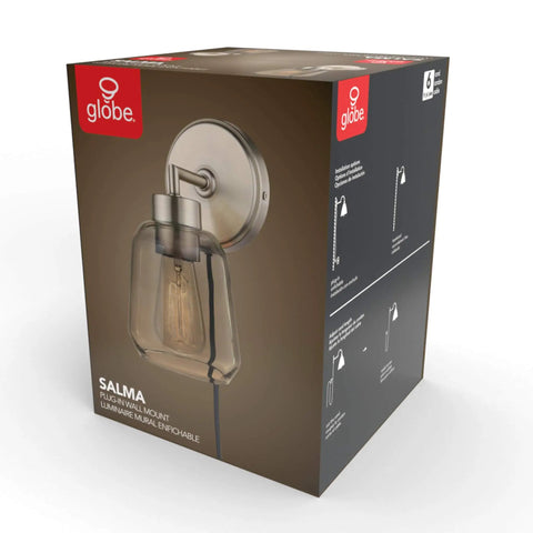 Box packaging for Dope 1 Light Plug In Or Hardwire Wall Sconce In Matte Brass With Smoked Amber Glass Shade And Black Fabric Cord.