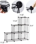 Diagram of Six Cube Storage Organizer Set with Stackable Wire Grid Shelves, showing dimensions and connection details.