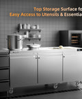 Heavy Duty Three Door Undercounter Freezer With 20.9 Cubic Foot Capacity And Stainless Steel Fan Cooled Worktop in commercial kitchen setting.