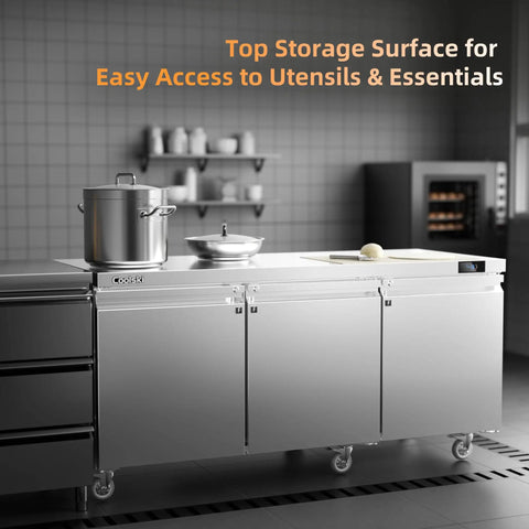 Heavy Duty Three Door Undercounter Freezer With 20.9 Cubic Foot Capacity And Stainless Steel Fan Cooled Worktop in commercial kitchen setting.