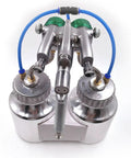 Heavy Duty Double Barrel Pneumatic Spray Gun with dual stainless steel paint pots and pressure feed system.
