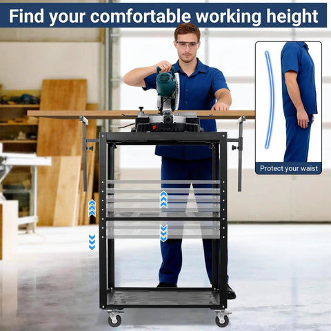 Man using Planer Stand With Roller, 27.6 In By 24 In Tabletop, Height Adjustable From 31 To 44.7 In, 550 lb Capacity in workshop