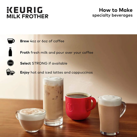 Image of Keurig milk frother instructions with four coffee beverages, demonstrating how to froth milk for hot and iced drinks.