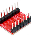 Top view of a red A4988 stepper motor driver module with heat sink for NEMA motors in 3D printers and Arduino projects.