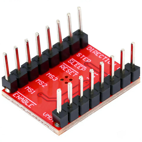 Top view of a red A4988 stepper motor driver module with heat sink for NEMA motors in 3D printers and Arduino projects.
