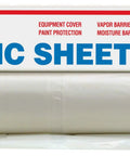 Clear 10 Ft By 100 Ft 4 Mil Poly Film Drop Cloth And Spray Barrier for interior walls shown with packaging.