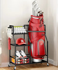 Ultimate Golf Bag Organizer With Wheels High Strength Metal Stand holding golf bag and accessories in corner space