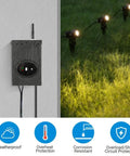 Smart WiFi Low Voltage Transformer 120W With Schedule And Timer No Hub Needed Works With Alexa And Google Home 120V AC To 12V AC Weatherproof Outdoor Landscape Lights For Pathway Spotlight And Garden displayed on wall with spotlight in garden