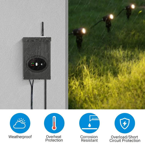 Smart WiFi Low Voltage Transformer 200W for outdoor landscape lights with schedule and timer, weatherproof in black.