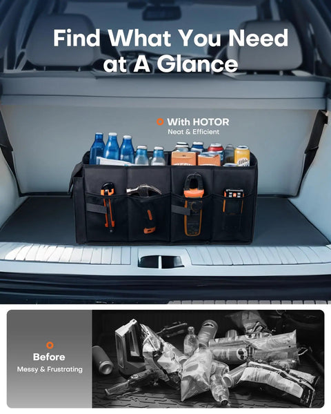 Foldable Trunk Organizer For Cars And SUVs With Dual Large Compartments And Six Mesh Pockets Keeps Groceries Tools And Gear Neatly Stowed In A Sturdy Black Car Accessory For Sedans And SUVs in vehicle trunk with bottles and tools visible.