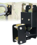 Heavy Duty Two Way Farm Gate Latch With Self Locking Nut Black Lockable Fence Latch For Livestock Corrals mounted on a wooden post.
