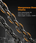 Close-up of manganese steel lifting chain, 5/16 inch links, 3 m long, heavy-duty