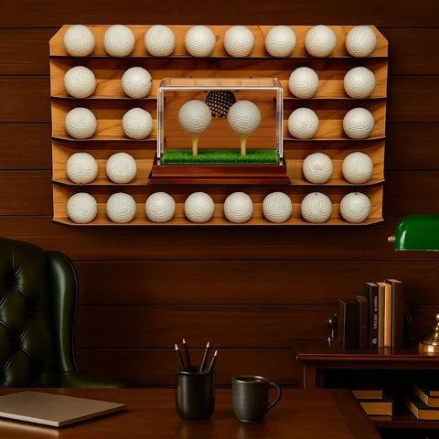 2 In 1 Golf Ball Display Case With Clear Acrylic Cube Stand, wood base, turf mat, tee holder, mounted on wooden wall panel.
