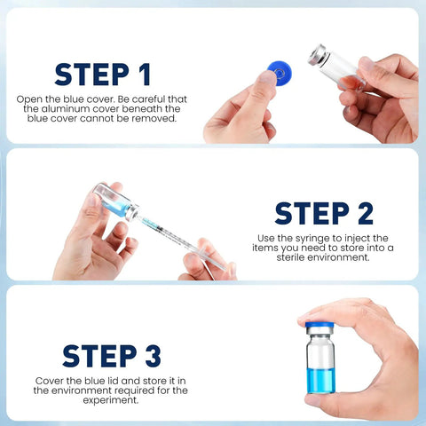 3ml Sterile Glass Injection Vials, 20 Pack, Individually Sealed With Self Healing Ports, Butyl Stopper And Aluminum Caps, Leakproof Lab Grade Vials For Safe Sample Storage, Transport, And Easy Refill. Step-by-step use of blue cap vial