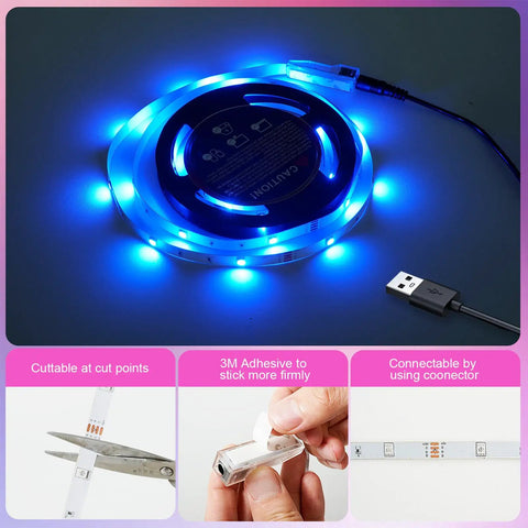 Ultimate USB Powered RGB 5050 LED TV Backlight Strip Kit with adhesive and cuttable points, showing blue lights and USB connection