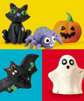 Fresh Spooky Modeling Clay 30 Pack Fun Size Sticks Halloween figures of a black cat, spider, pumpkin, bat, and ghost.