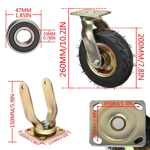 Heavy Duty Caster Wheels Set Of 4 Roll Like Butter With Dual Thrust Bearings Solid As A Rock Rubber Tires 200MM/8in size.