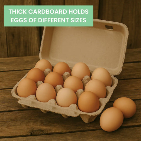 Open 12-egg carton made from molded pulp with eggs, showcasing eco-friendly 50 Pack Egg Cartons That Hold 12 Eggs Each Built From Molded Pulp Paperboard Eco Friendly Reusable Storage For Backyard Farmers CSA Farmers Markets With Printed Lid For DIY Branding.