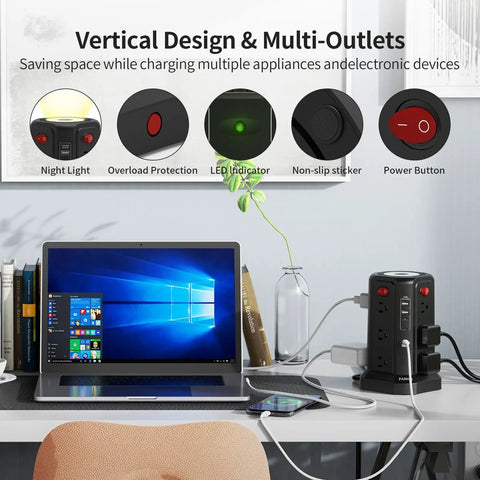 Long 16 Ft Surge Protector Power Strip Tower With PD 20W USB C Night Light Four USB Ports And Four Outlets on desk setup