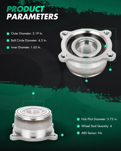 Two Piece Rear Wheel Hub Bearing Kit For Nissan Frontier Xterra Suzuki Equator 2005 To 2014 2.4L 2.5L 4.0L Right Side Replacement Durable High Grade Pro Grade, showing dimensions and features.