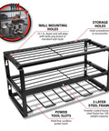 Kickin Heavy Duty 3 Tier 16 Inch Wall Mount Power Tool Organizer for cordless drills, sturdy iron rack with storage holes and slots.
