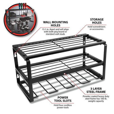 Kickin Heavy Duty 3 Tier 16 Inch Wall Mount Power Tool Organizer for cordless drills, sturdy iron rack with storage holes and slots.
