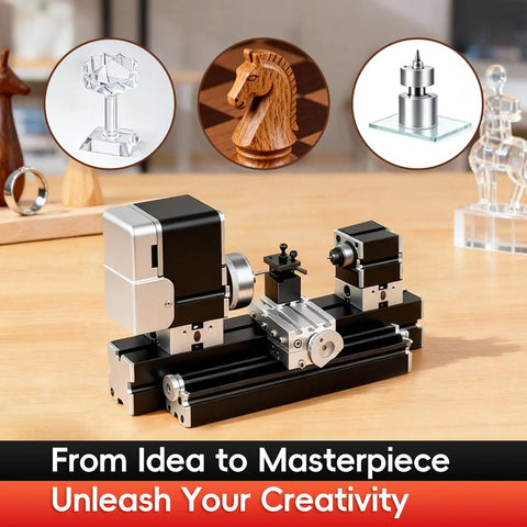 All Metal Elevated Mini Lathe 36W 20,000RPM Desktop Metal And Wood Turning Machine shown on a wooden workbench