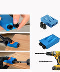 Pocket Hole Jig Kit 14 Piece for Woodworking and Carpentry Joinery 15 Degree Inclined Hole Fixture, drill bits, and guide in use.