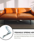 Triangle spring hinge next to a brown leather sofa with Adjustable Folding Lifting Bracket For Sofa Armrest Hinge And Sofa Bed Lift Hardware Drop Down Lift Mechanism With Hidden Locking Built Tough Massage Table Lifter Durable Iron Frame Stable Home And Office Furniture Lift System.